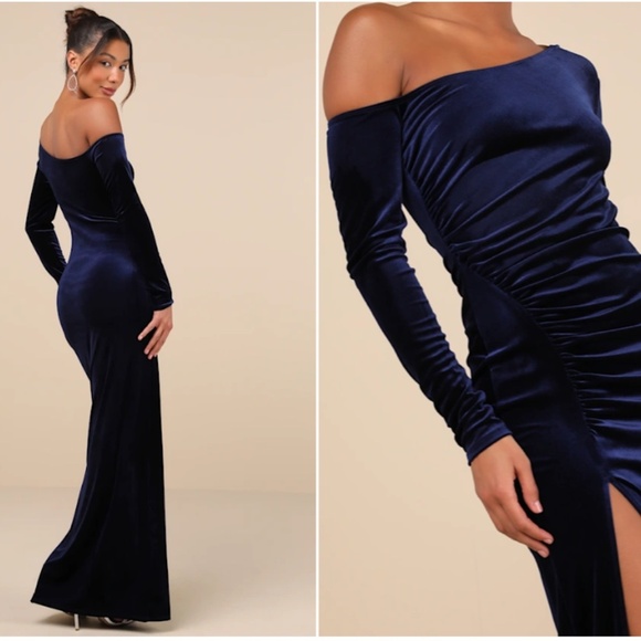 LULU's Sexy Prom Wedding Sexy Romantic Regal Elegant Blue Velvet Maxi Dress - Picture 5 of 5